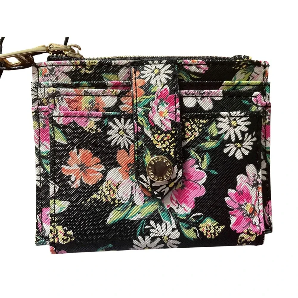 Steve Madden Bhayden Floral Print Card Case Wallet Black Multi NWT